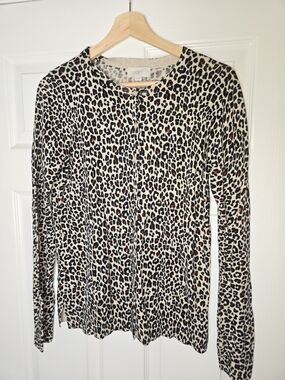 LOFT Leopard Print Long Sleeve Cardigan in Cream and Black Size Medium